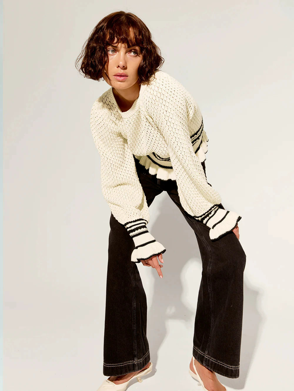 ZARA Ruffle Trim Contrast Color Knit Sweater - Picture 2 of 6